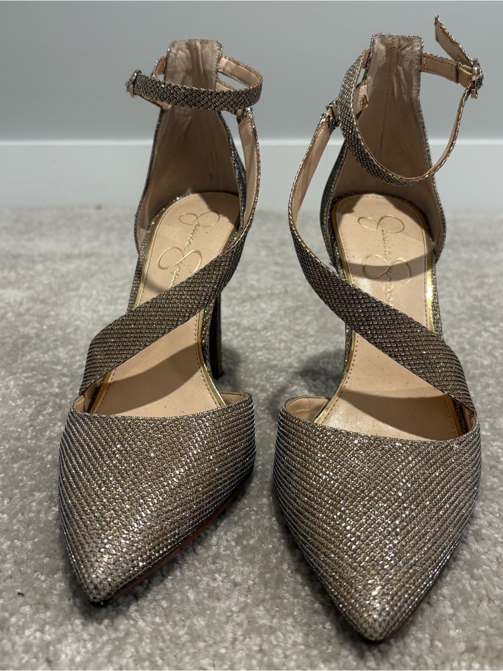 Jessica Simpson Glitter Crisscross Pointed-Toe Heels - Champagne Gold, Size 10